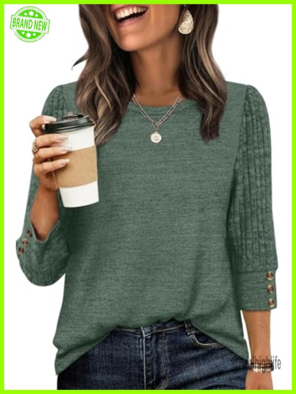 Womens 3/4 Sleeve Button Tunic Sweater Lightweight Spring Top